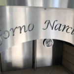 Up close view of Forno Narciso engraving on a Nardona Napoli pizza oven
