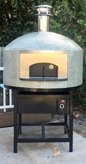 Nardona Napoli wood fired pizza oven on a stand with a gas burner.
