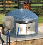 Forno Nardona Napoli Model wood fired pizza oven with blue tile and blue handled recommended products.