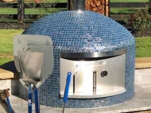 Forno Nardona Napoli Model wood fired pizza oven with blue tile and blue handled recommended products.