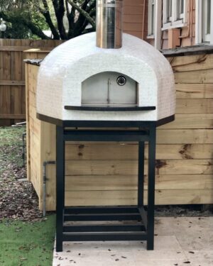 White tiled Forno Nardona Rustico pizza oven on black powder coated stand.