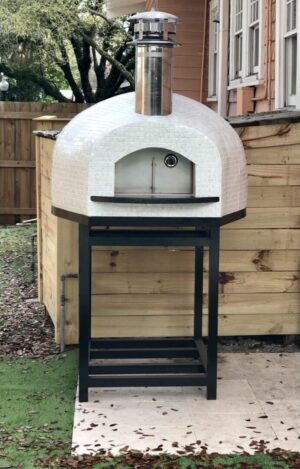 White tiled Forno Nardona Rustico pizza oven on black powder coated stand.