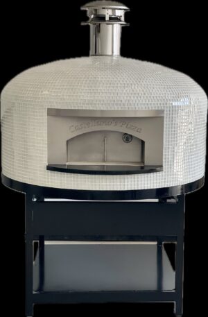 48" White Tiled Commercial Napoli Brick Oven by Forno Nardona on a black powder coated pizza stand.