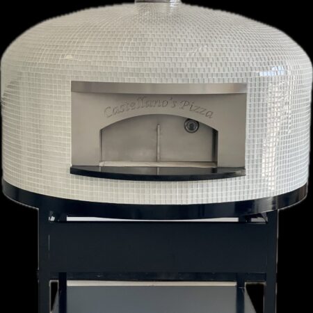 48" White Tiled Commercial Napoli Brick Oven by Forno Nardona on a black powder coated pizza stand.