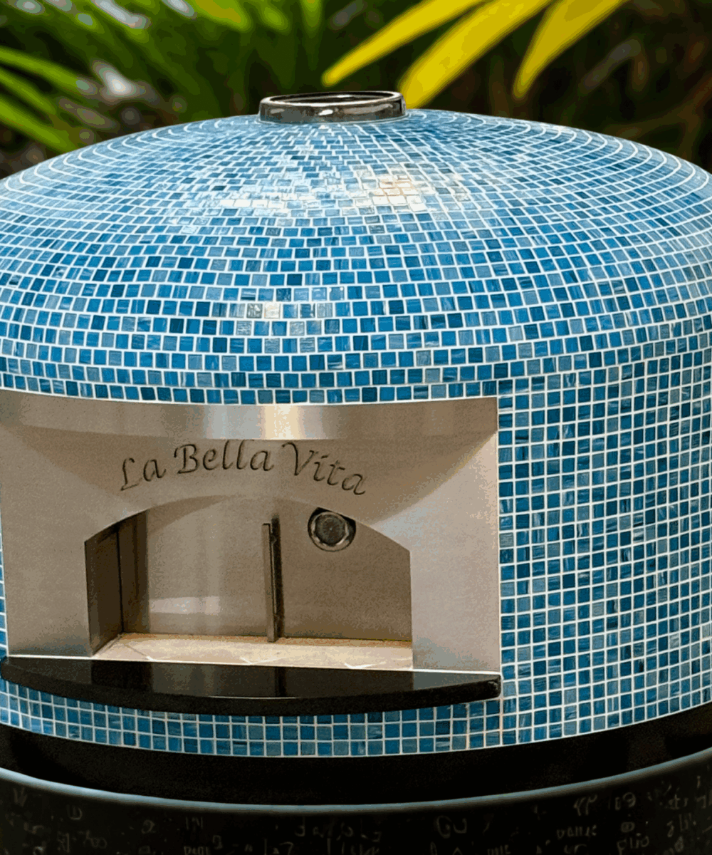 Blue Multi Colored Tiled 40" Napoli pizza oven with stainless front engraved La Bella Vita.