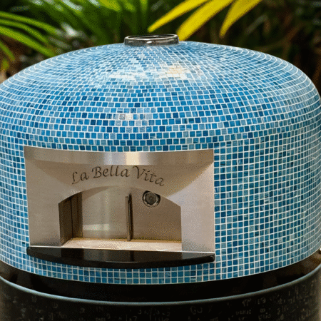 Blue Multi Colored Tiled 40" Napoli pizza oven with stainless front engraved La Bella Vita.