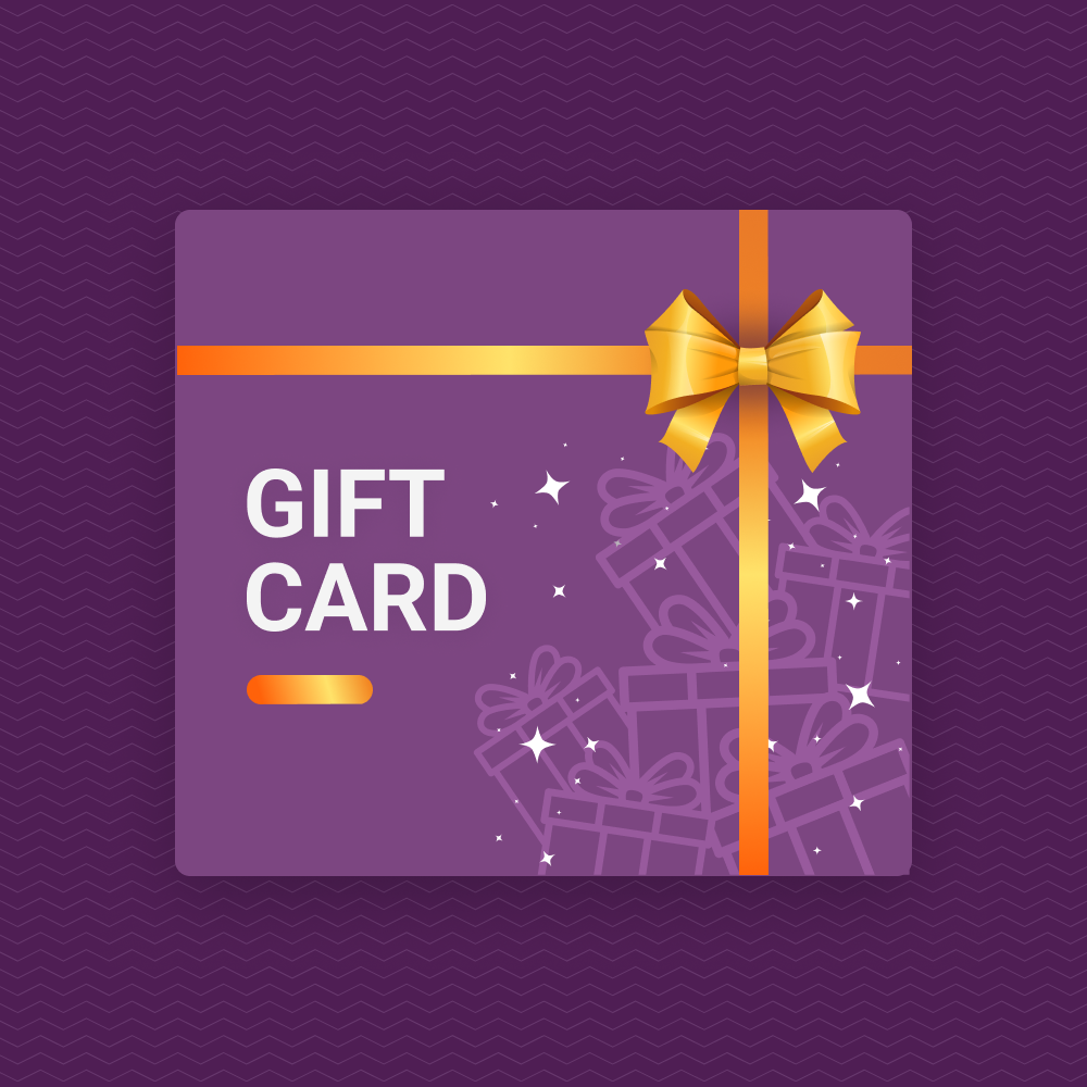 Gift Card with Purple square with gold ribbon and the words Gift Card.