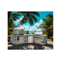 A Nardona Napoli Oven sits on the left side of an outdoor pizza kitchen in white and grey with a blue sky and palm trees in the background.