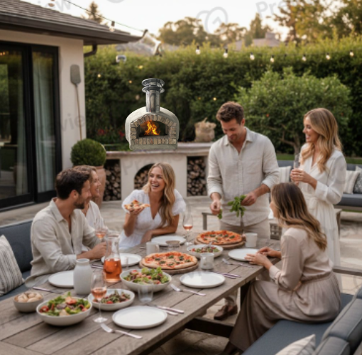 Off-the-grid cooking with an outdoor brick oven and wood fired pizza with friends.