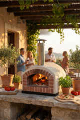 A white stucco'd Rustico luxury pizza oven with a red brick face and people enjoying themselves in the background.