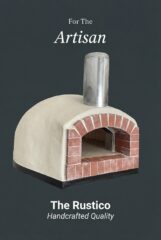 "For the Artisan ... The Rustico" pizza oven with a black background.