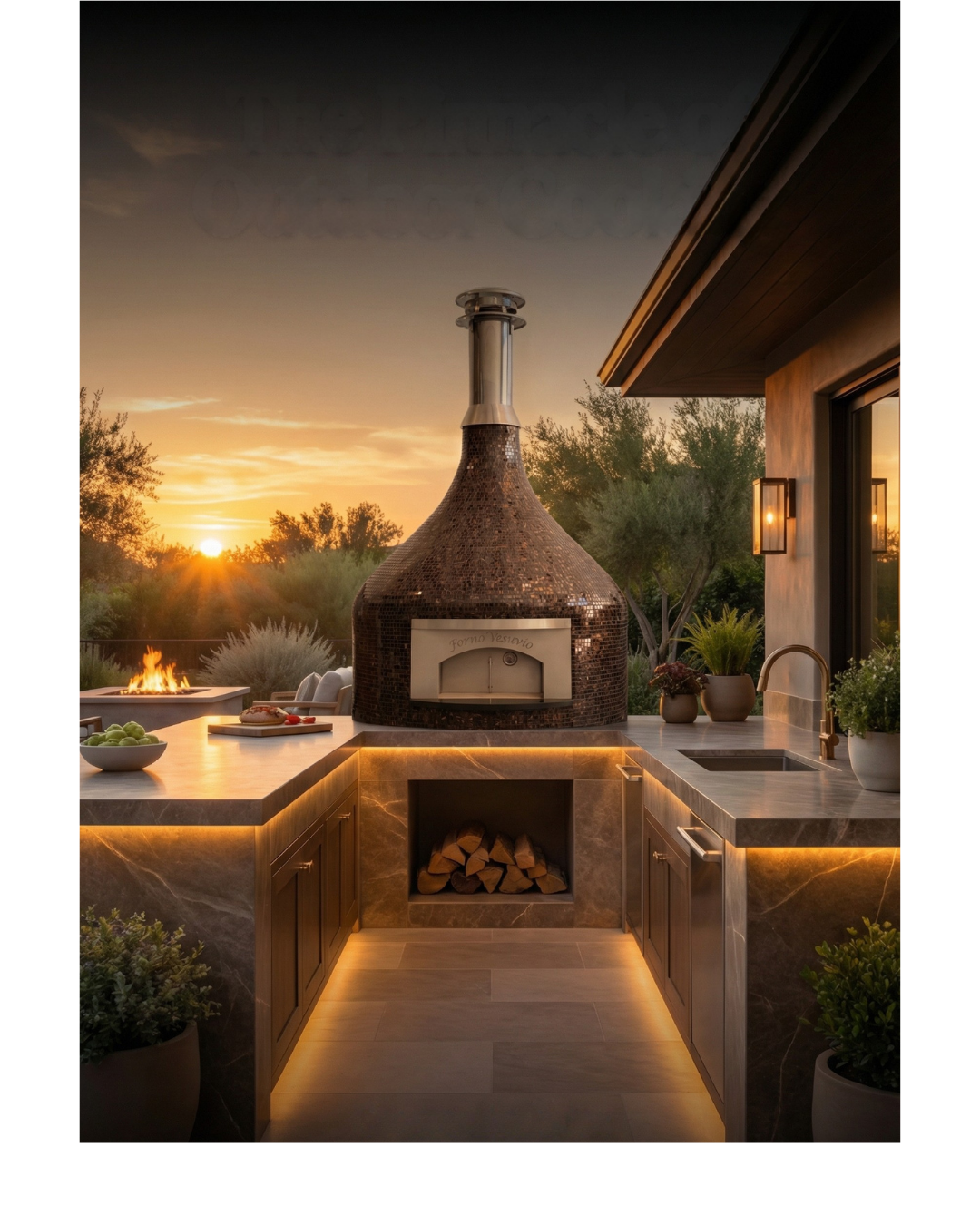 Copper Tiled Vesuvio in an outdoor kitchen setting with a soft sunset behind it.