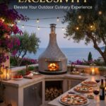 A Nardona Vesuvio in light tiles with a fire inside in an outdoor kitchen.